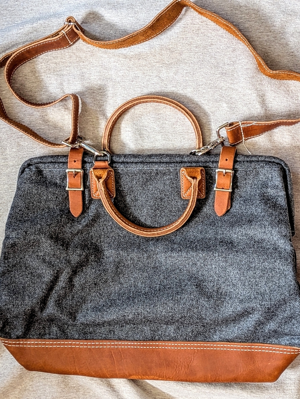 John & Mary Made In USA Felted Wool Gray Doctor's Bag Leather Weekender Shoulder